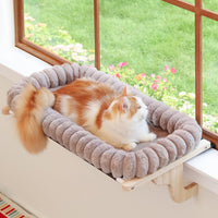 Zakkart SnugCloud Cat Perch for Windowsill – Essentials for Cats - Natural Color Wood w/ Brown Bed / Medium (22"x15")