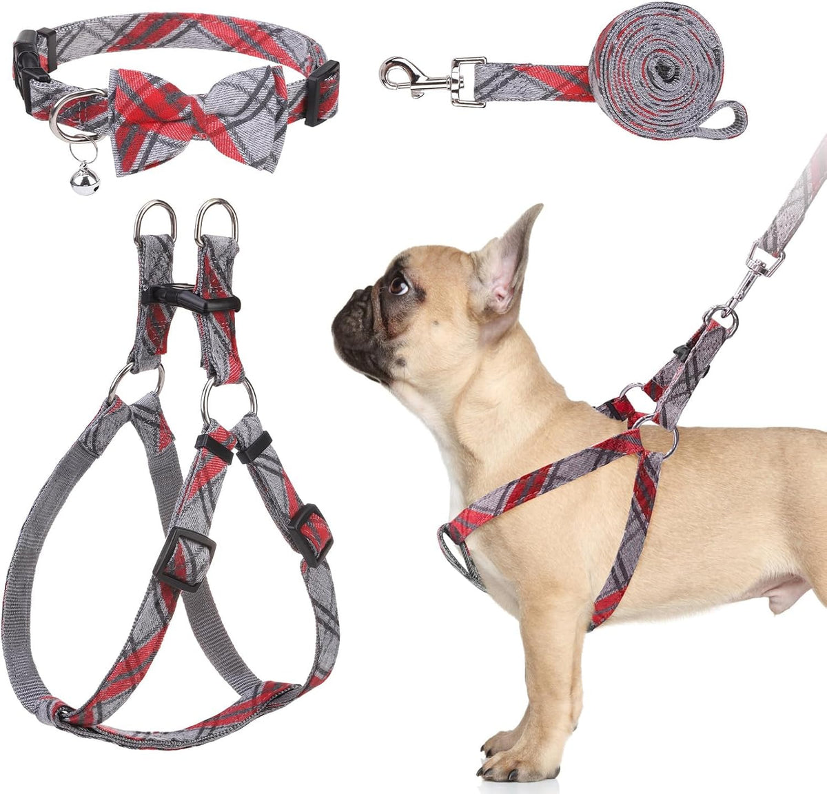 BINGPET No Pull Dog Harness Leash Collar Set - S(Chest Girth:14.9''-20.9'') / Gray Red Plaid