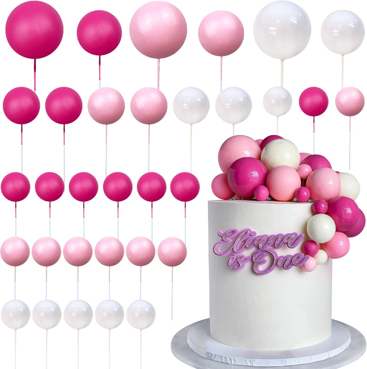 32 PCS Colorful Ball Shaped Cake Topper Pearl Balls Cupcake Cake - Pink White Hot Pink