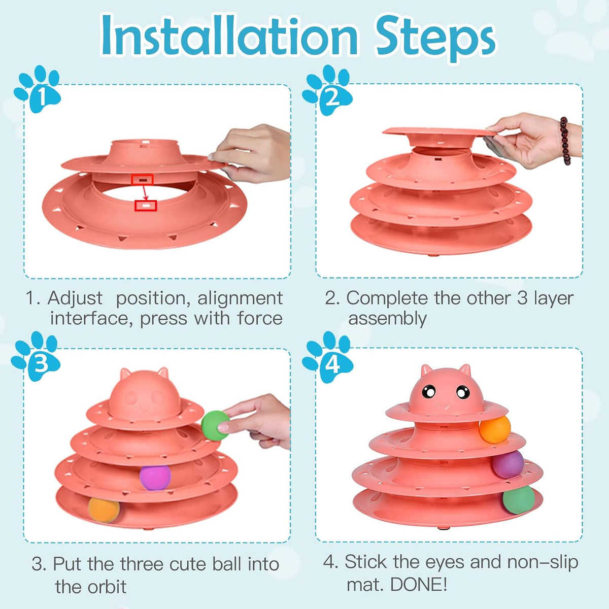 UPSKY Cat Toy Roller 3-Level Turntable Cat Toys with Six Colorful - B-Red - image 4