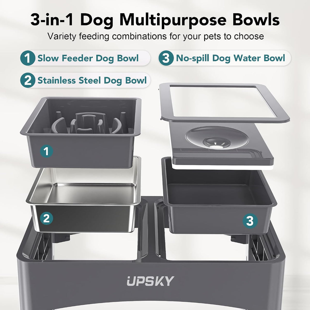 UPSKY 2-in-1 Elevated Dog Bowls Set with 4 Height Adjustable Stand - D-3 in 1 (Grey) - image 3