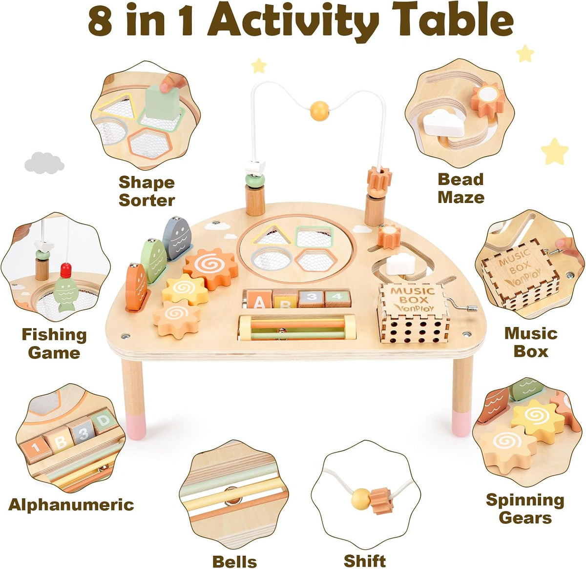 Vanplay 8 in 1 Wooden Activity Table - 8-In-1 Neutral Colors - image 2