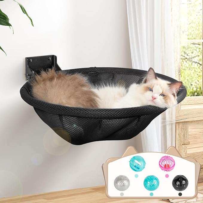 Cat Hammock Wall Mounted, Foldable & Stable Cat Beds- Breathable Cat Wall Shelves for Sleeping, Playing, Climbing, and Lounging - Maximum Hold Up to 30lb (Black)
