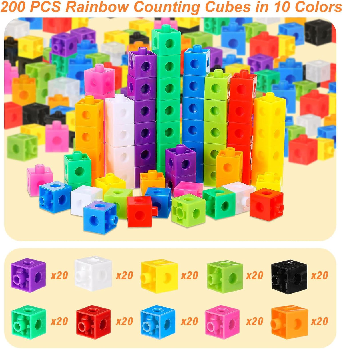 Jenaai linking cubes for math, 200 colorful plastic counting cubes snapped into towers - view 7