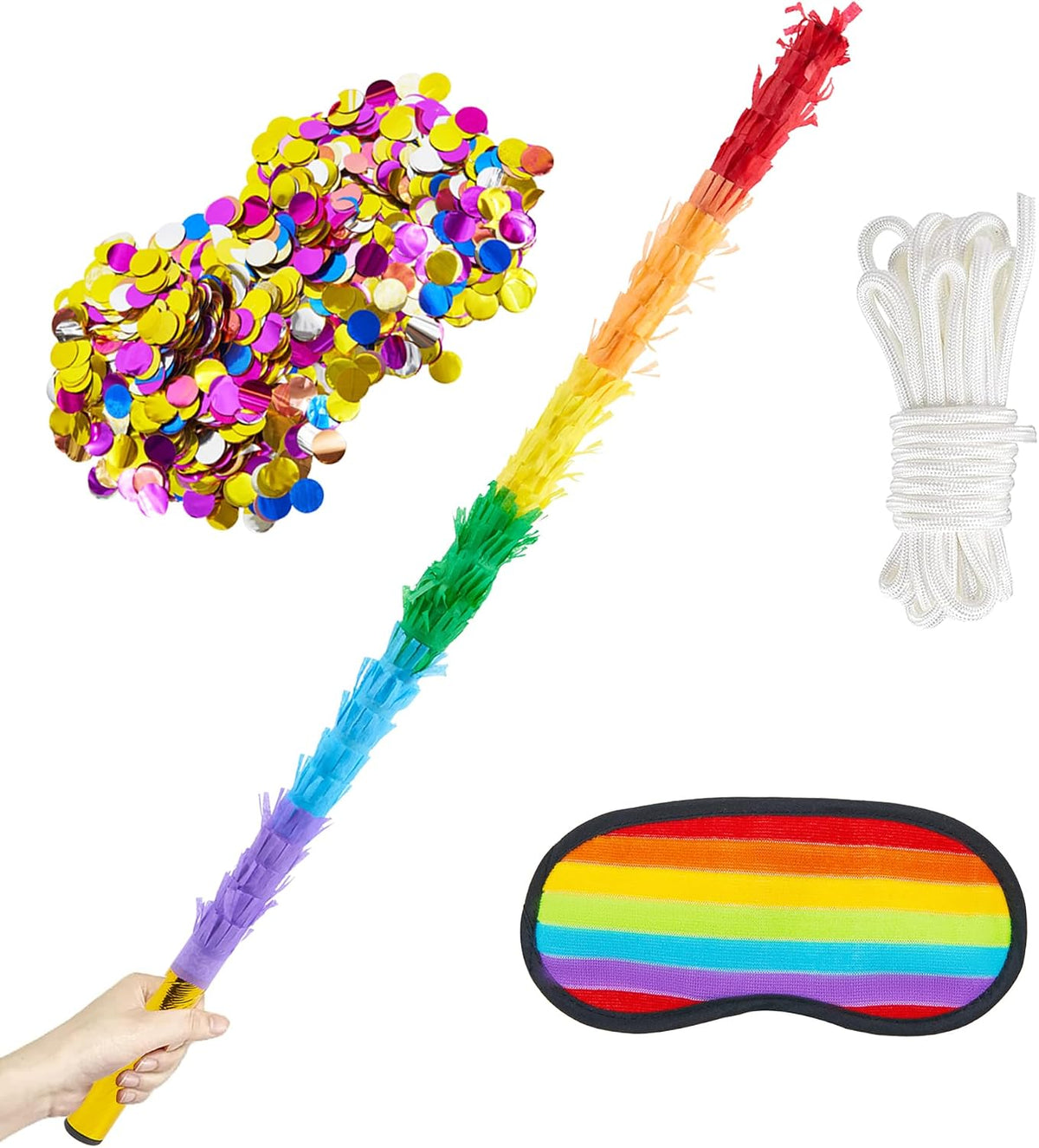 PCFING 30 inch rainbow piñata stick kit with blindfold and rope - view 2