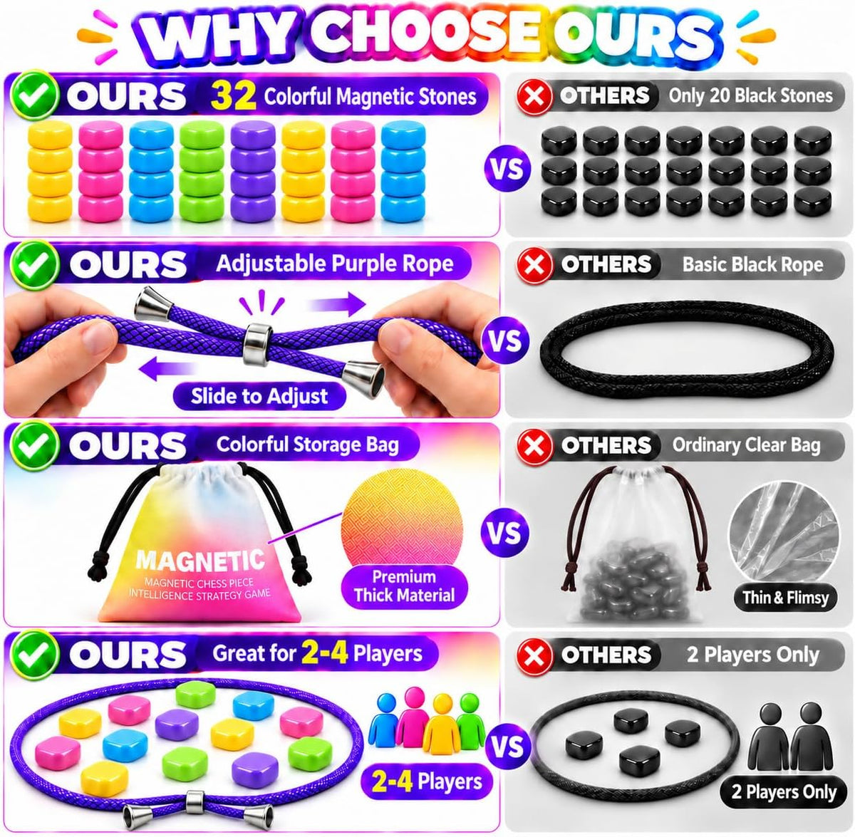 CHORYNLYRA magnetic chess game with 40 yellow stones and adjustable ropes - view 24