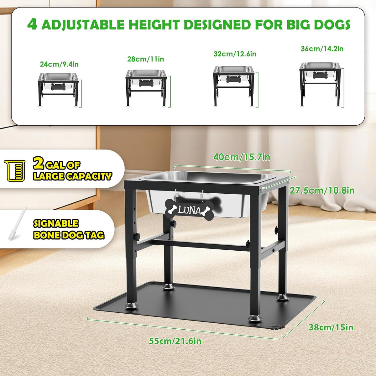1.2 Gallon Elevated Large Dog Water Bowl with Mat - Black-2 gal & mat / Height: 9.4-14.2" - image 2