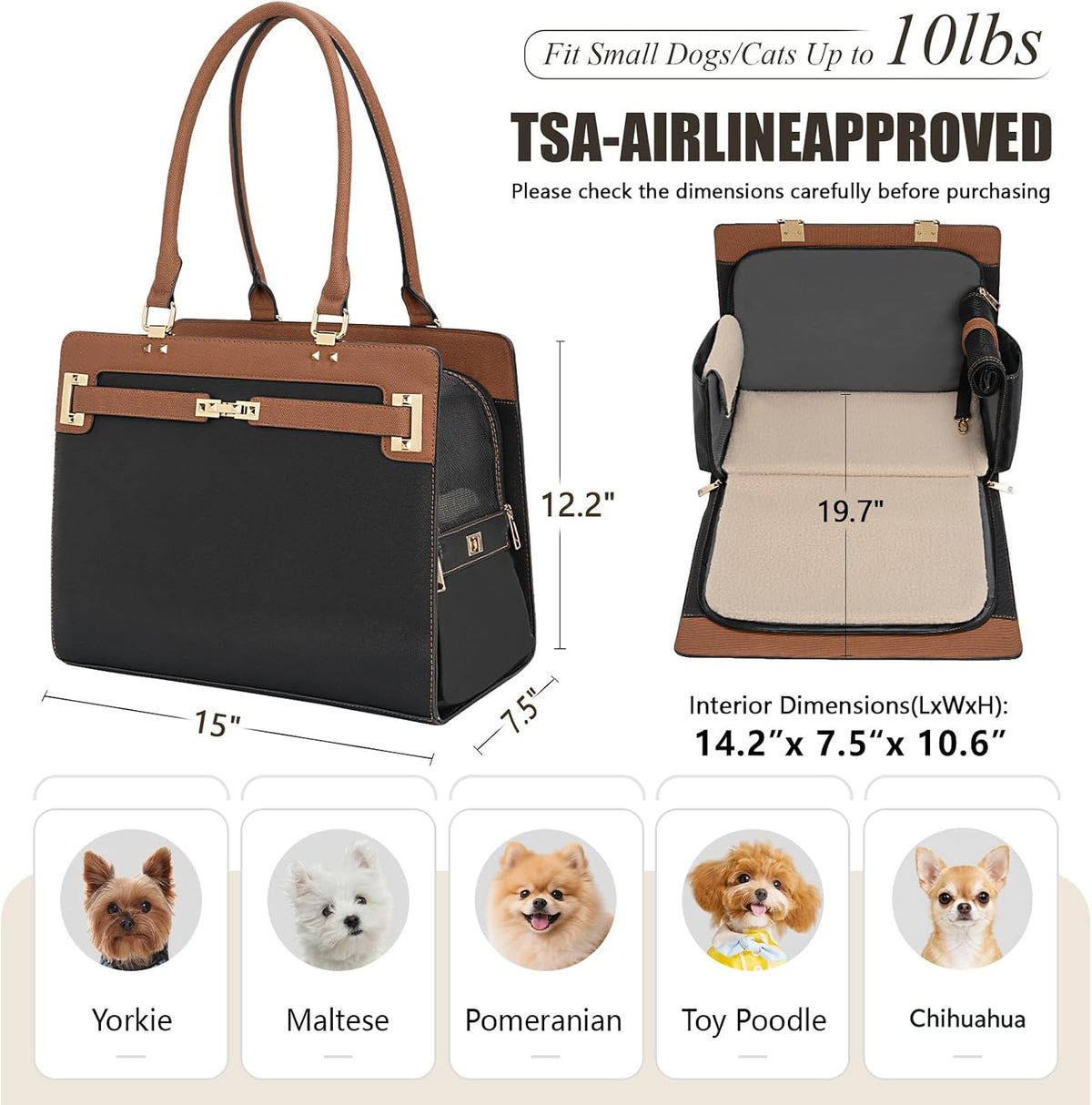 2-in-1 Stylish Dog Purse Carrier Travel Tote Bag for Small Dogs Cats - Black+Brown / 15" L x 7.5" W x 12.2" H - image 2