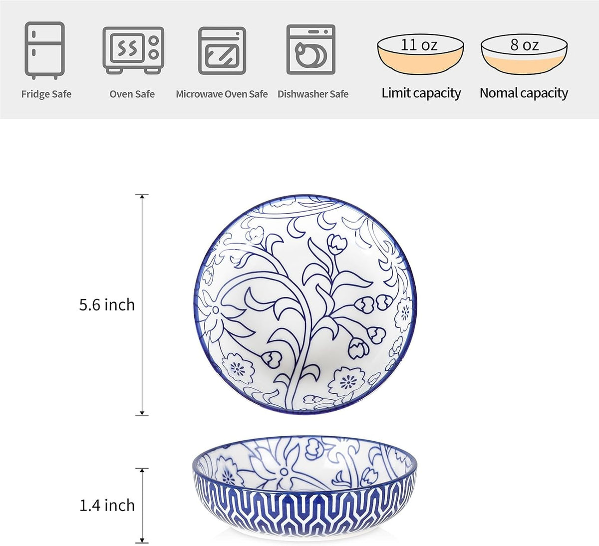 Selamica Ceramic Cat Bowls Set of 6 - 5.6 Inch, Set of 6 / Vintage Blue - image 2