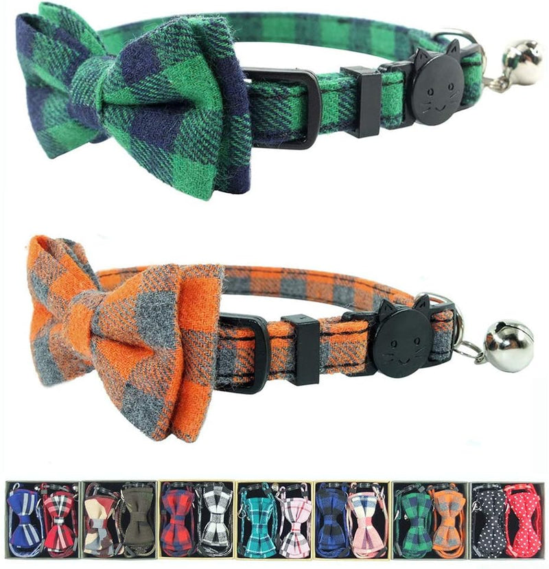 Cat Collar Breakaway with Bell and Bow Tie - Green&Orange Plaid