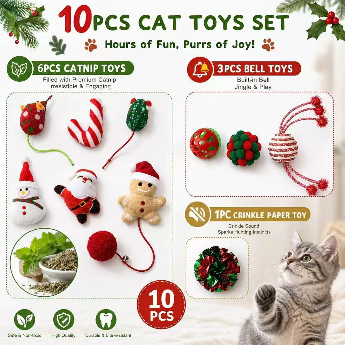 TUSATIY Cat Toy Balls with Bell 3PCS - 10PCS Christmas - image 4