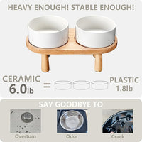 Ceramic Elevated Dog Bowls, Pet Food and Water Bowl Set for Medium and Small Dogs, 3.5 Cups Dog Bowls Raised with Wood Stand, 29OZ, White