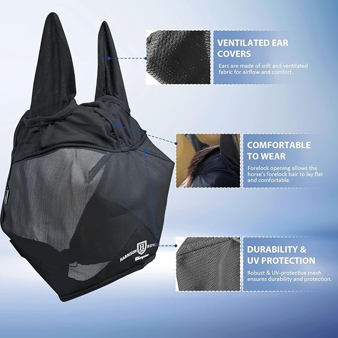Harrison Howard UV-proof Multi-Function Fabrics Thick Fleece Padding Horse Fly Mask Half Face with Ears Black Yearling Small