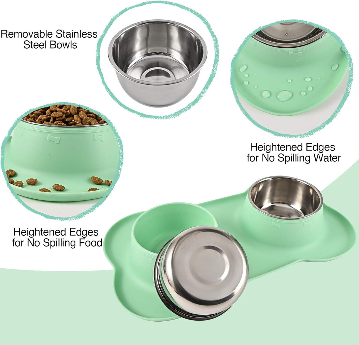 Dog Bowls 2 Stainless Steel Bowl for Pet Water and Food Feeder - 28½ oz ea / Green - image 3