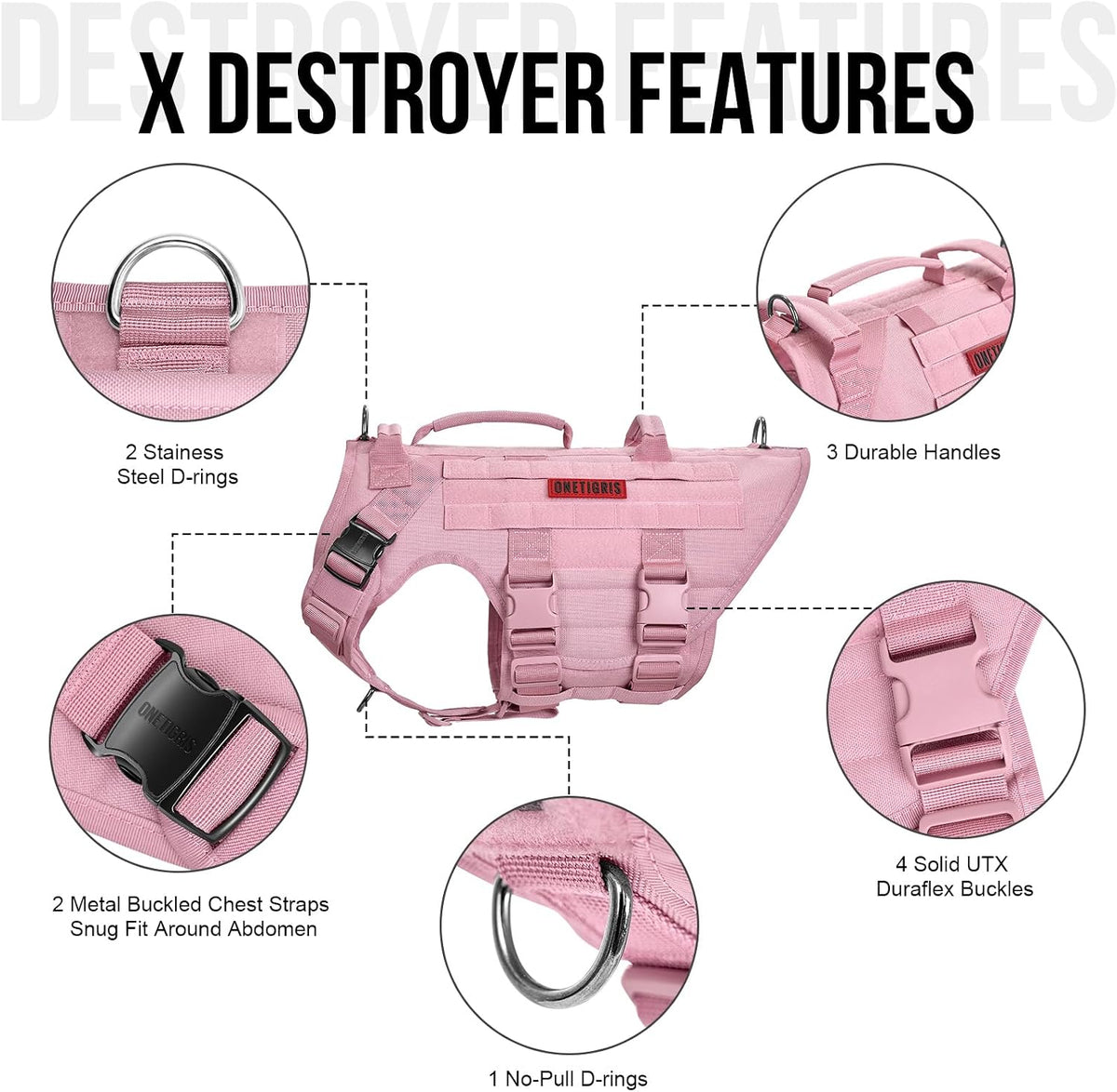 OneTigris Large Tactical Dog Harness No Pull Handle XL Black – Essentials for Dogs - Small / Pink - image 2