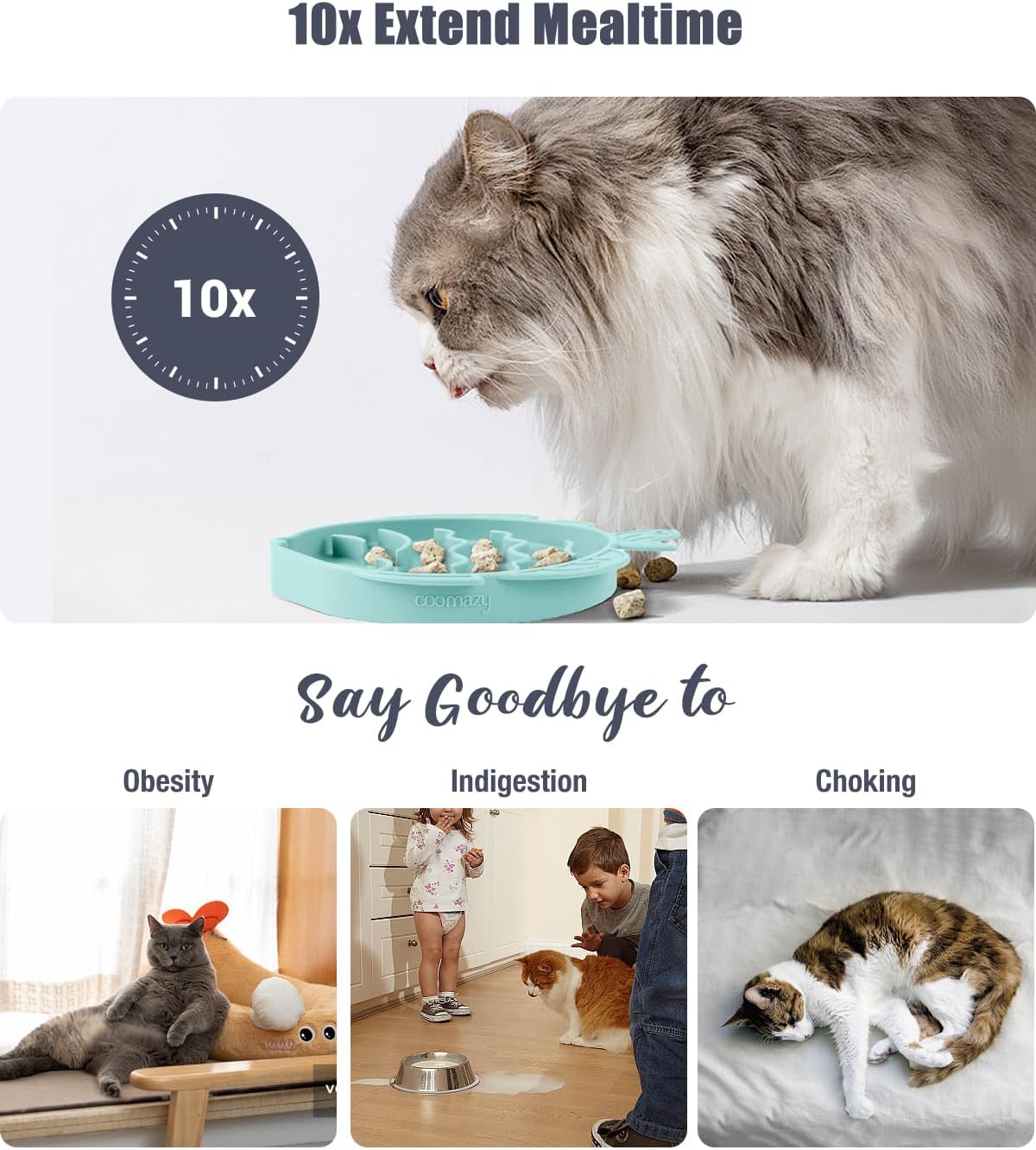 Coomazy Slow Feeder Cat Bowl Silicone Pet Puzzle Feeder for Slow - Cyan / 1.2 Cups - image 3