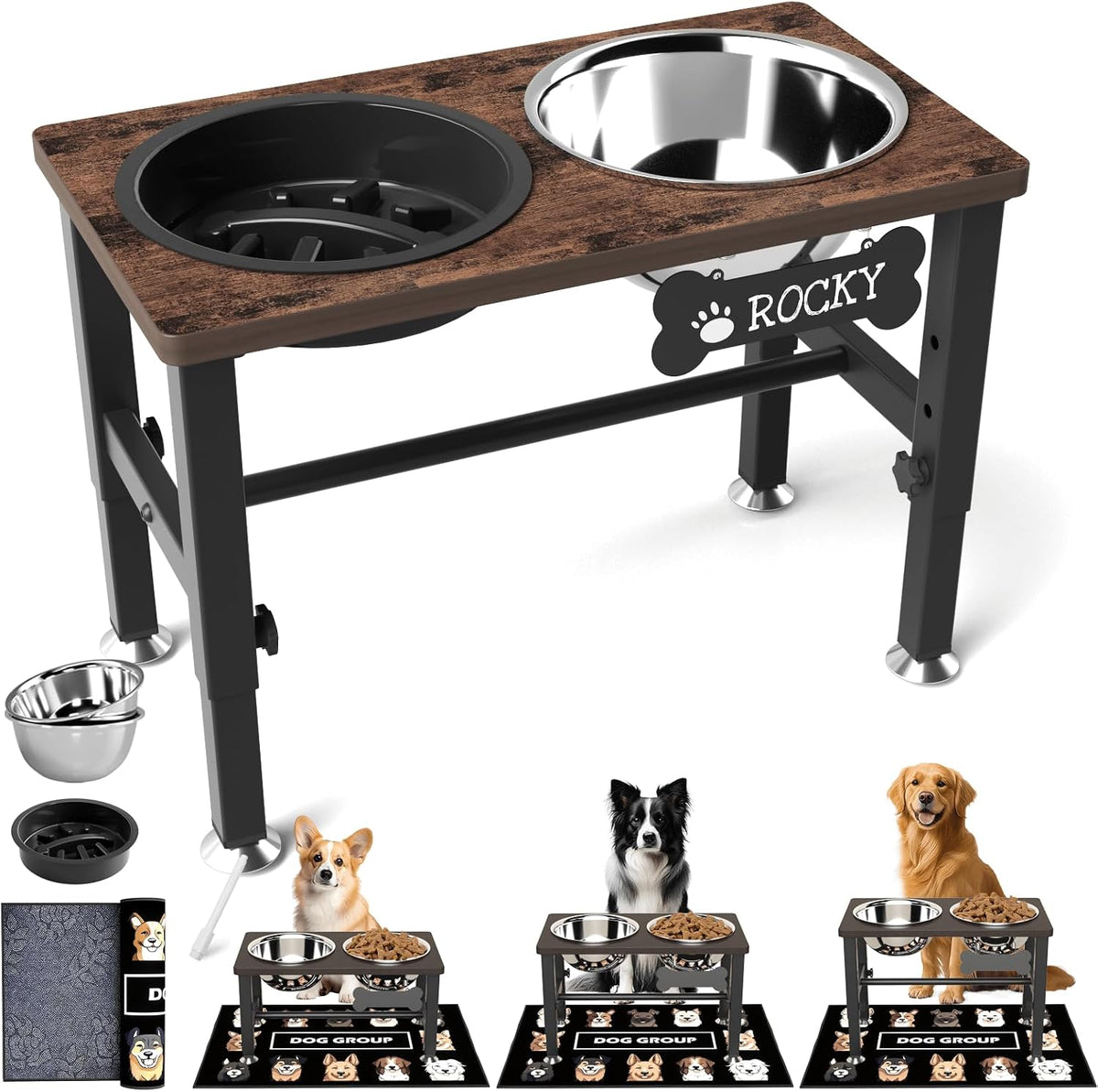 SHAINFUN Elevated Dog Bowls with Slow Feeder & Mat for Medium - Brown-1.7L