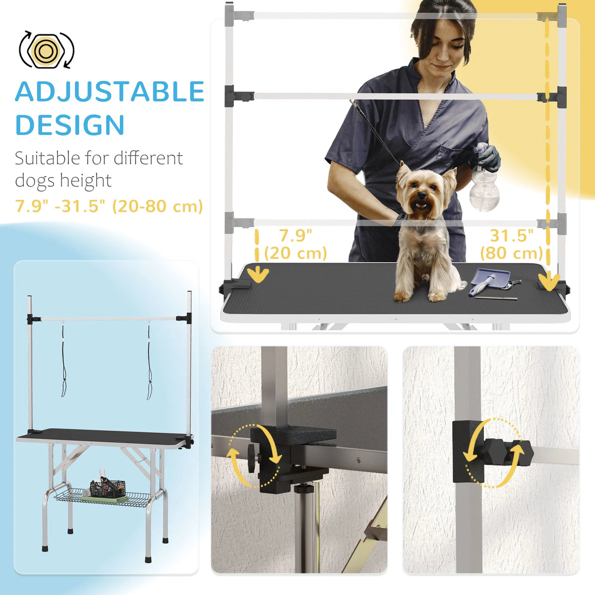 Adjustable Dog Grooming Table with 2 Safety Slings, Storage Basket, Black