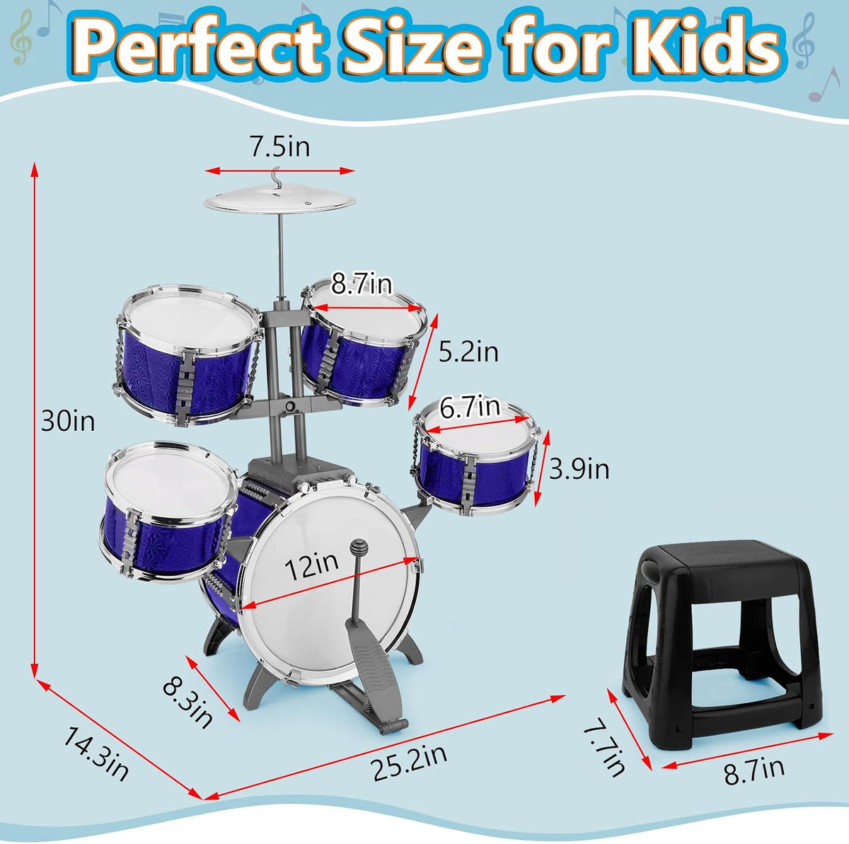 Toddlers Drum Set Kids Jazz Band Rock Kit for 3-5 Boys Girls Music Toy – Fun for Kids & Family - Blue - image 4