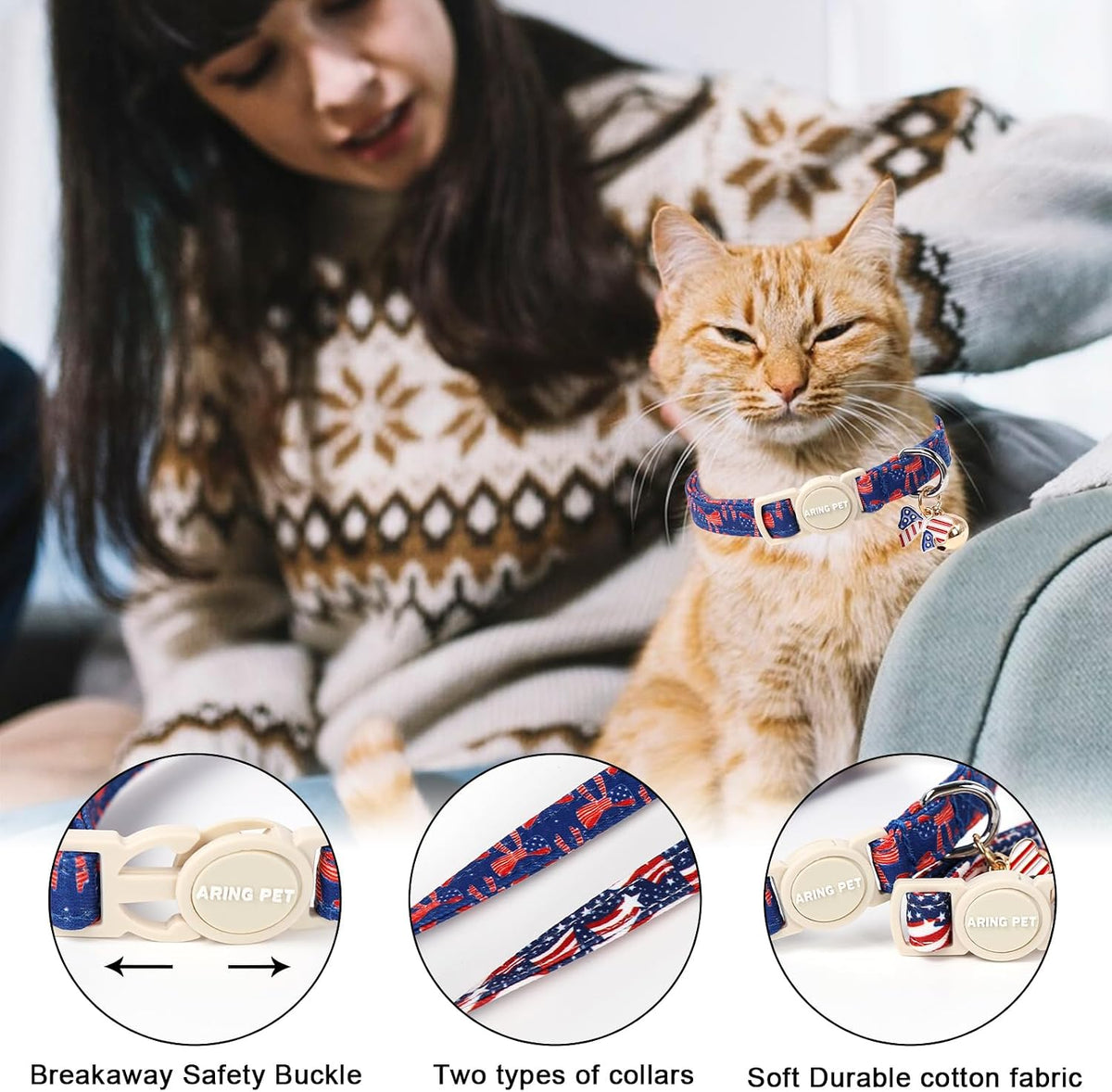 ARING PET 2 Pack Cat Collar-Cute Cotton Cat Collar Breakaway - Independence-American flag - image 2