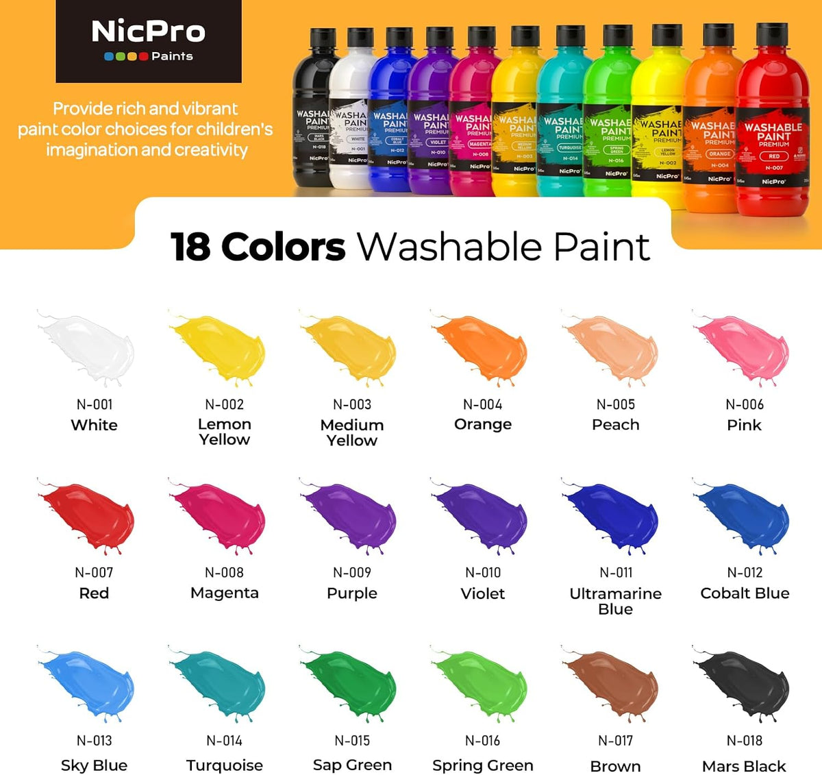 Nicpro 18 Colors Large Washable Paint Set for Kid - 18 Colors / 8.4 Fl Oz (Pack of 18) - image 2