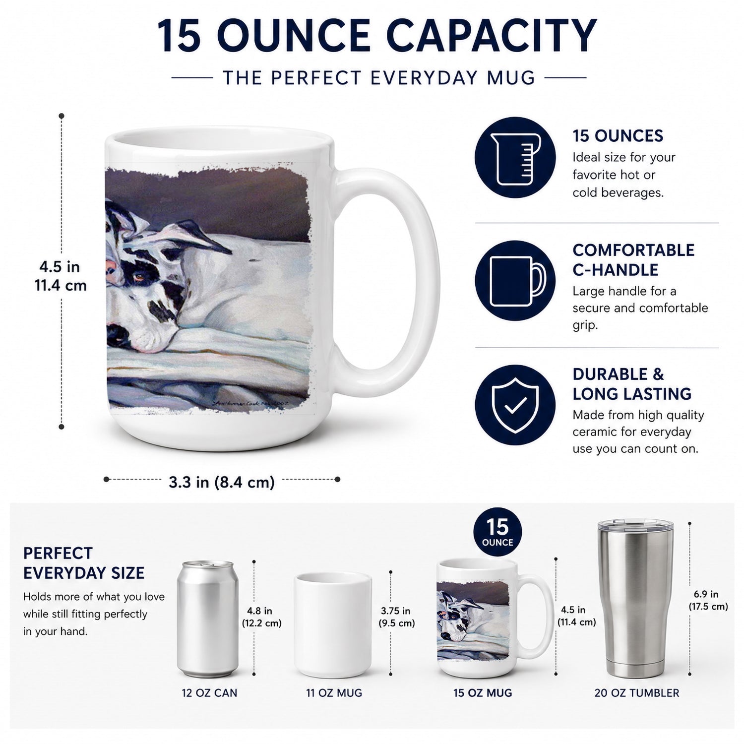 Harlequin Natural Great Danes Ceramic Coffee Mug 15 oz Decorative Large C Handle Mug Cup for Tea, Cocoa Hot Chocolate