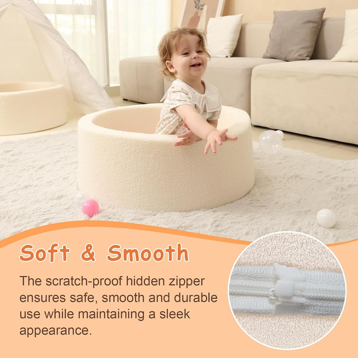 MEOGETY beige teddy fleece foam ball pit for toddlers with soft round walls - view 10