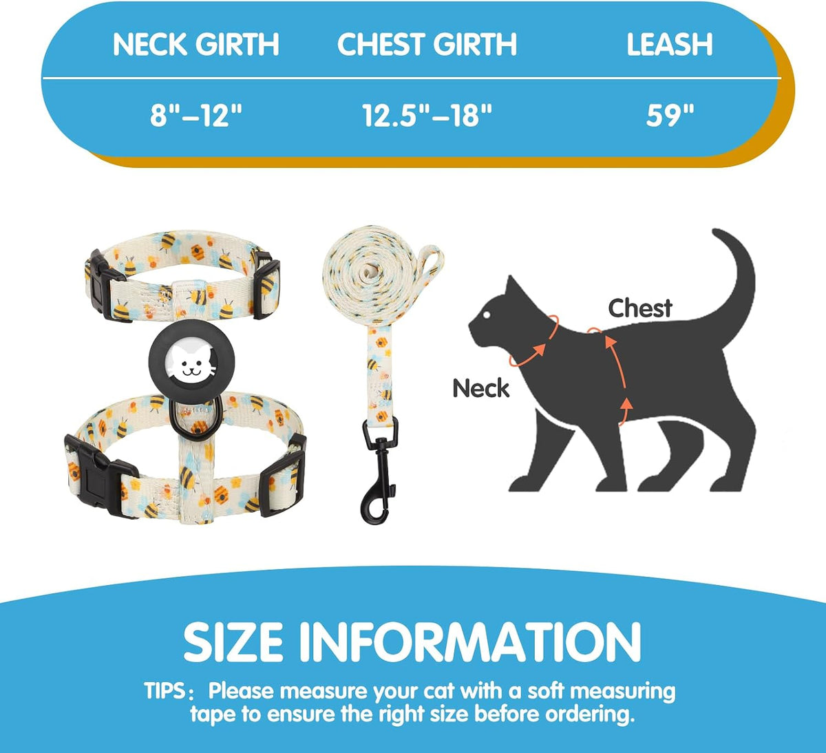 BINGPET Cat Harness with Airtag Holder - Cute Bee (Buckles on Neck & Chest) - image 4