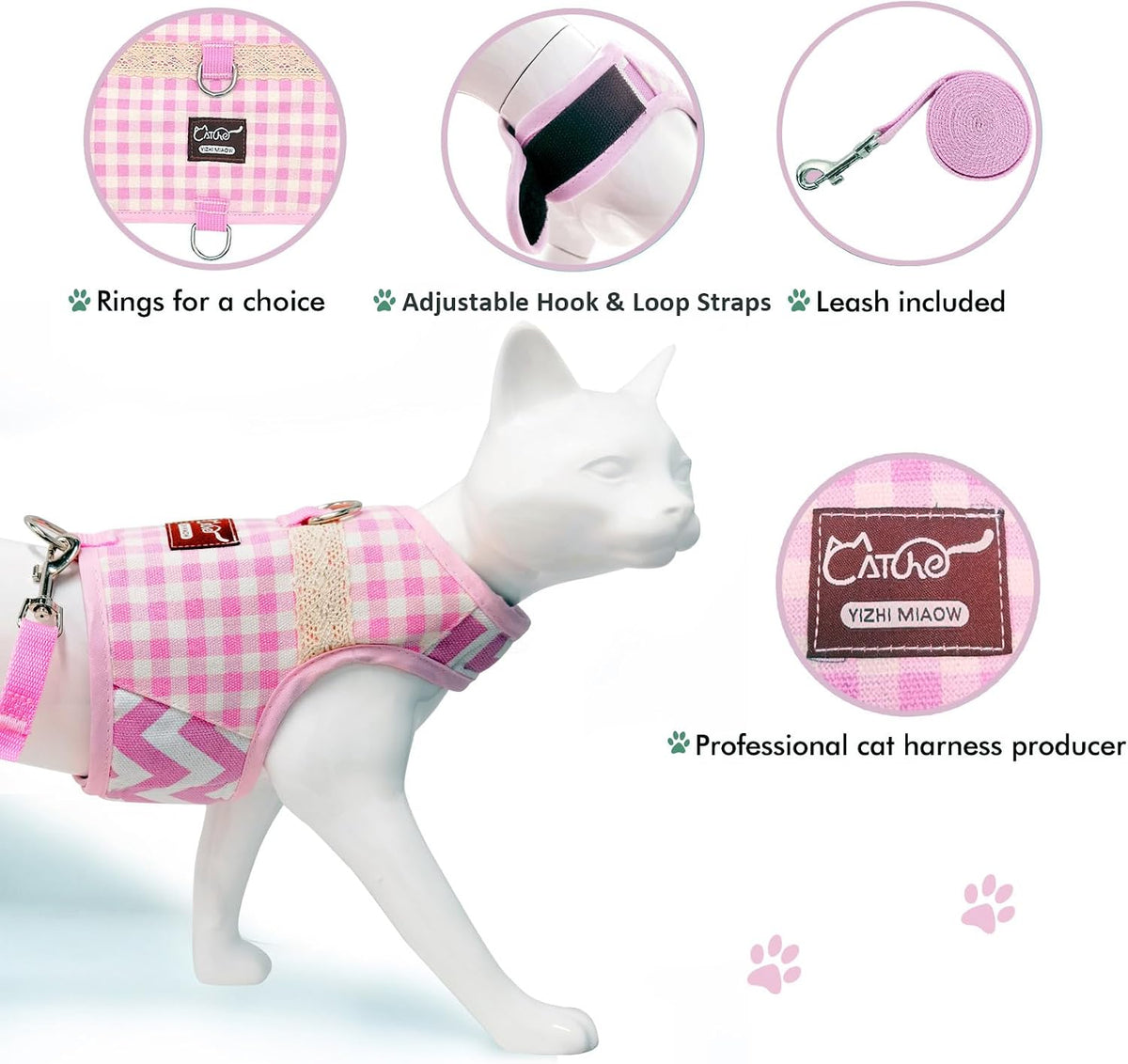 Cat Harness and Leash Set for Walking Escape Proof - Pink Plaid / M 5.5-9 lbs - image 3