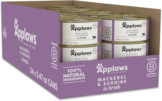 Applaws Natural Wet Cat Food in Broth, Limited Ingredient Canned Wet Cat Food, No Additives, Made with Natural Ingredients, Mackerel & Sardine in Broth (24 x 2.47oz Cans)