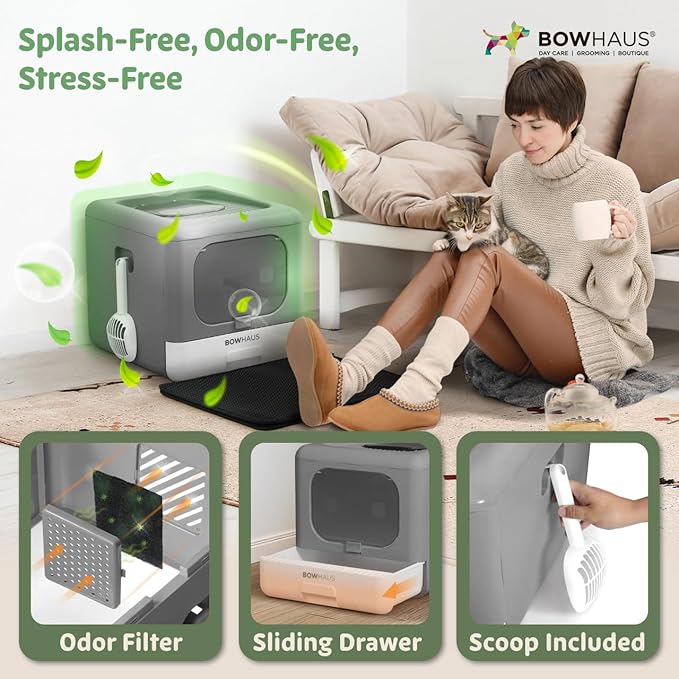 Foldable Cat Litter Box w/Lid, Scoop & Mat, Drawer Design Cat Toilet for Kitten, Two-Way Entry Kitty Litter Box, Odor Control & Easy to Clean, Dark Grey