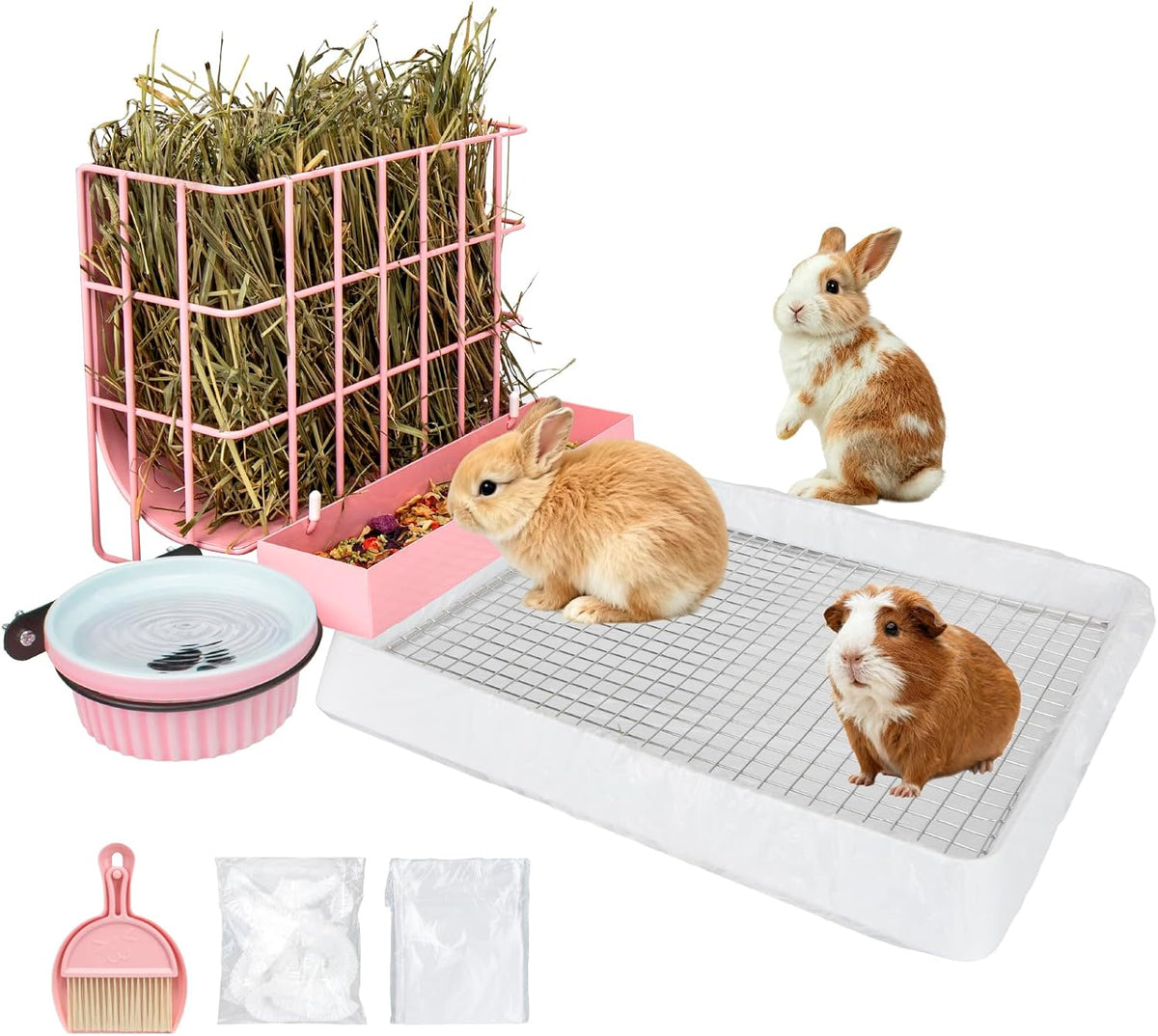 3 in 1 Guinea Pig Hay Feeder with Litter Box & Water Bowl - 10in set / Pink