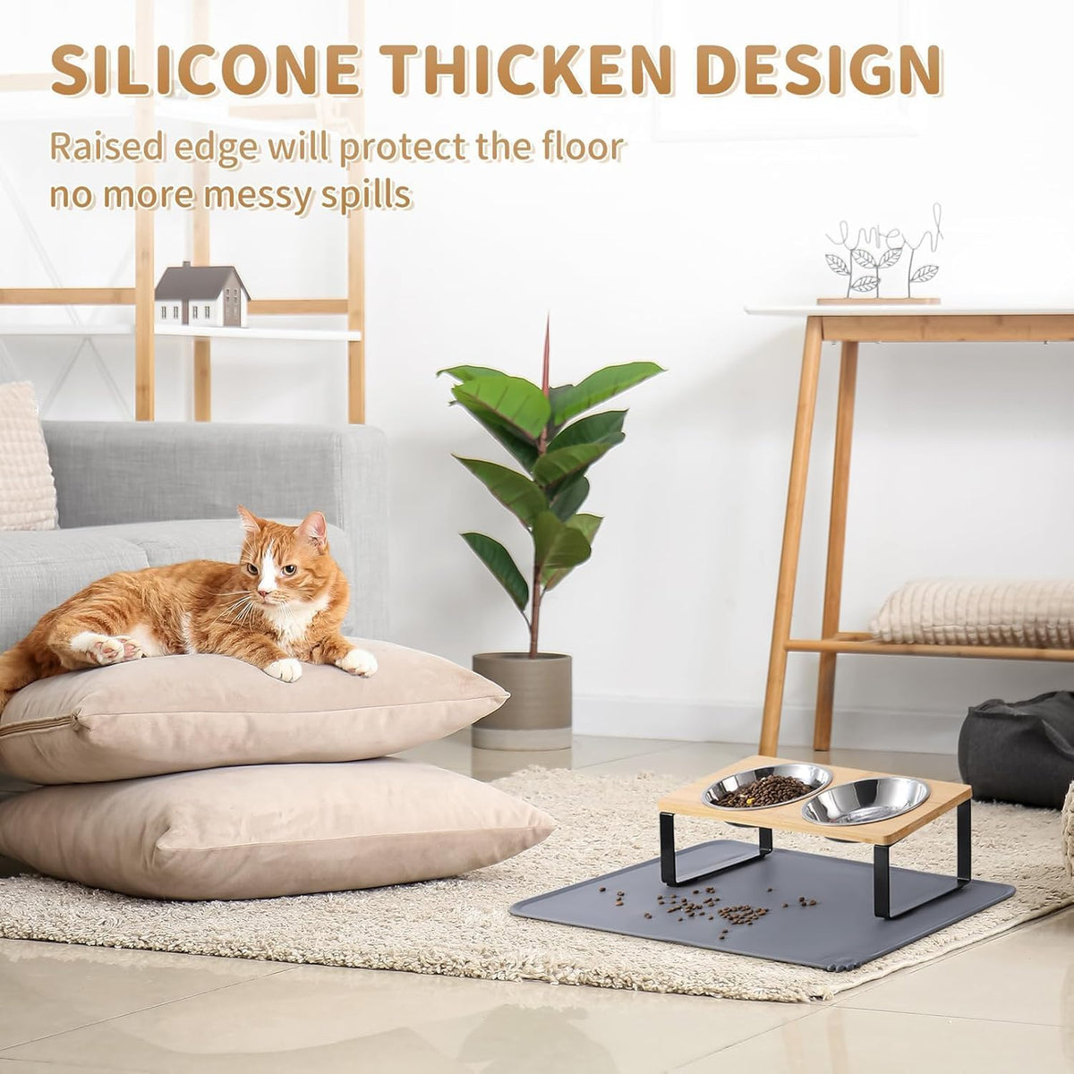 Upgraded Elevated Cat Bowls with Food Mat - Bamboo-2Bowls(2Pack) - image 3