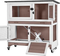 Rabbit Hutch Indoor Outdoor, Bunny Cage with Casters, Guinea Pig Cage Bunny Hutch with Two Plastic Trays 36inch-Brown