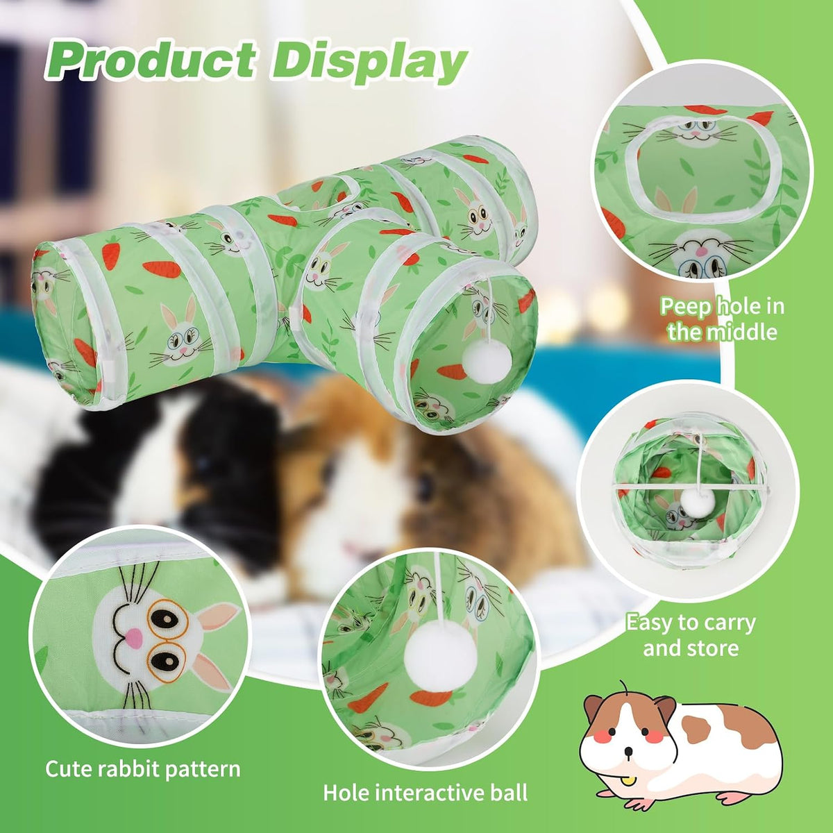 Guinea Pig Tunnel Hideout 3-Way Collapsible Small Pet Tubes - Green - image 3