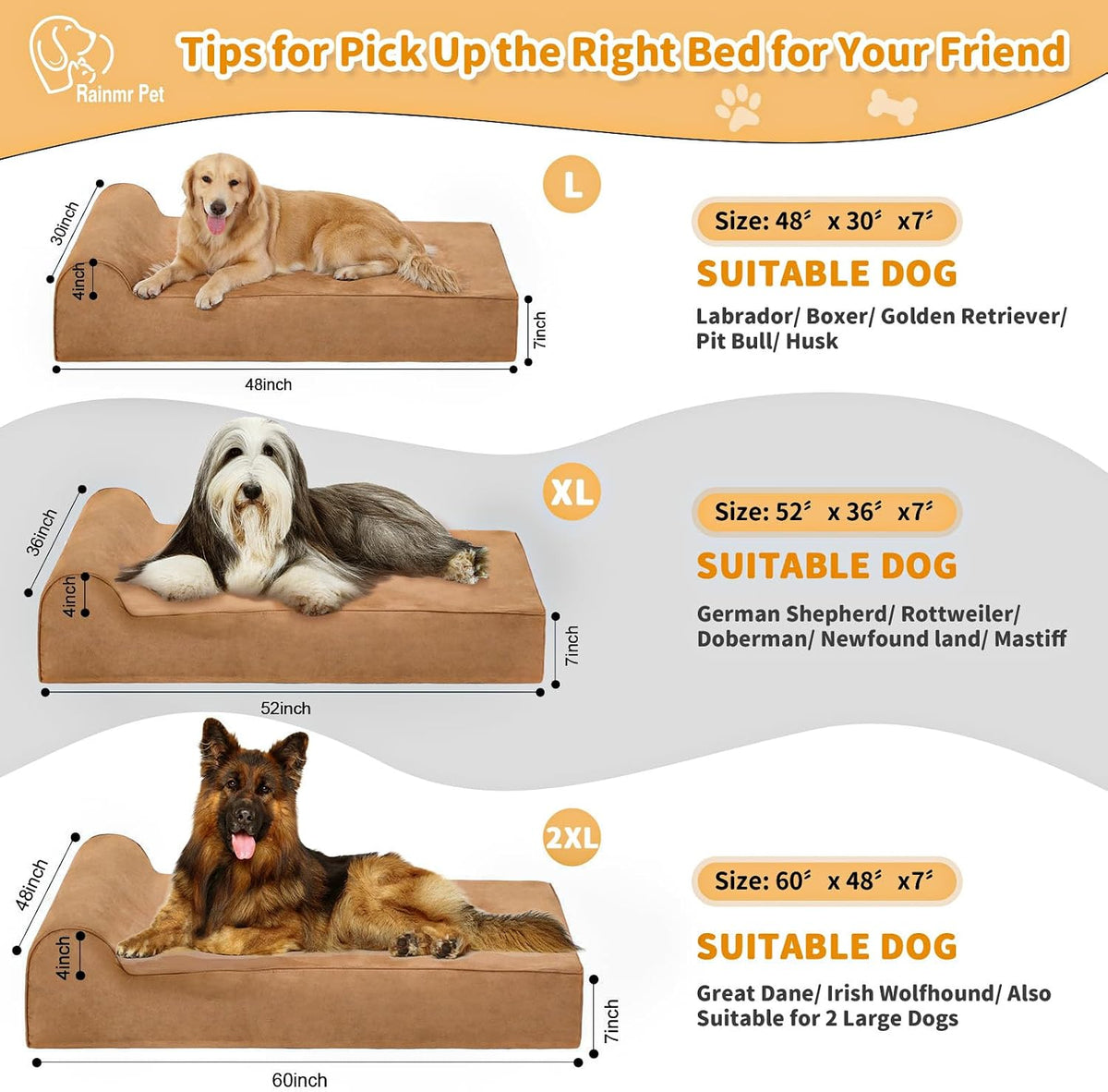 Orthopedic Dog Beds for Large Dogs - 48.0"L x 30.0"W x 7.0"TH / Premium Version-Khaki - image 2