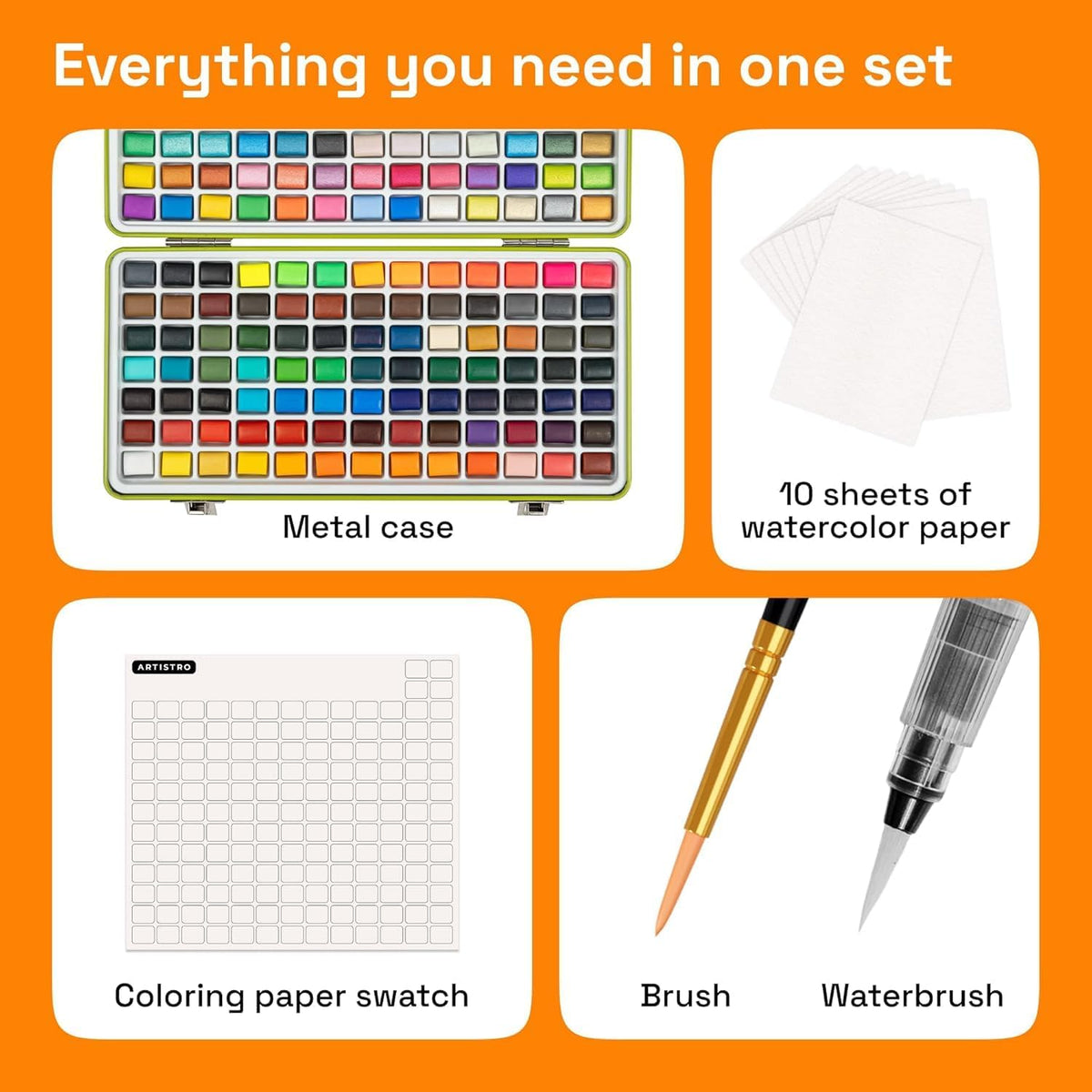 ARTISTRO 50 Metallic Watercolor Paint Set with Brushes for Adults - 160 colors Portable Travel - image 2