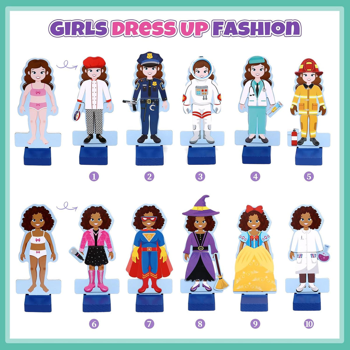 Atoylink Wooden Magnetic Dress up Dolls Pretend Play Set 40+ Pcs - Girl - image 2