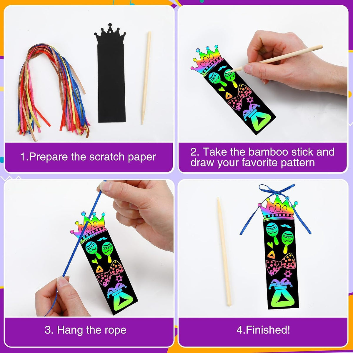 JUNEBRUSHS rainbow scratch art bookmarks with bamboo scratch sticks and colored satin ropes - view 29