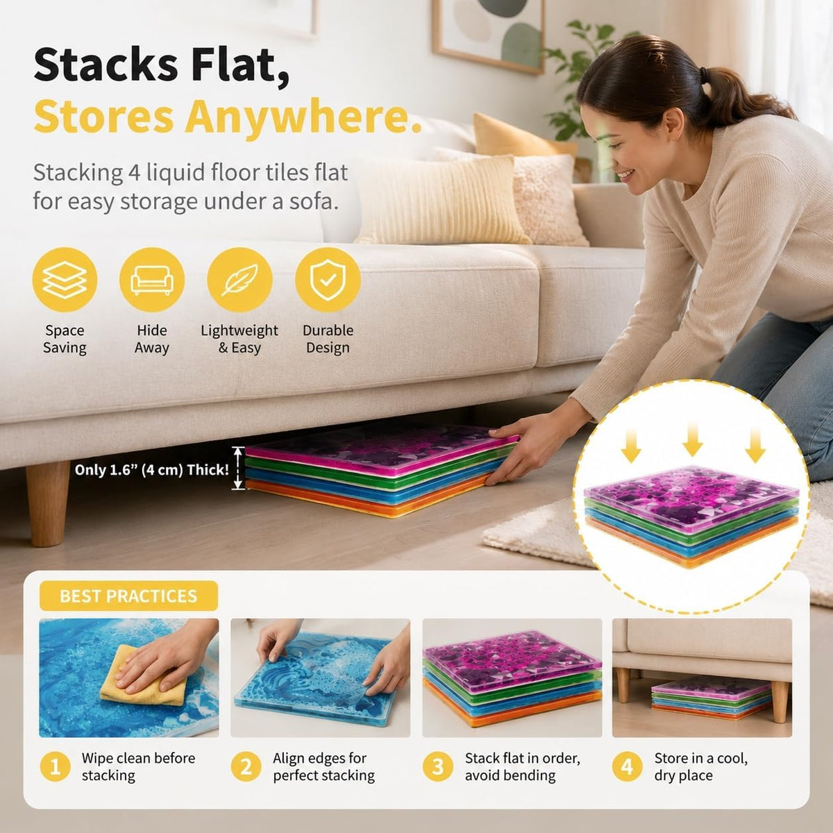 edusense 4 pack of 11.8 inch liquid sensory floor tiles with moving multicolor gel and non-slip base - view 12