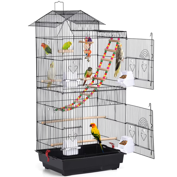 39inch H Metal Bird Cage Large Roof Top Huge House For Small Birds, Black