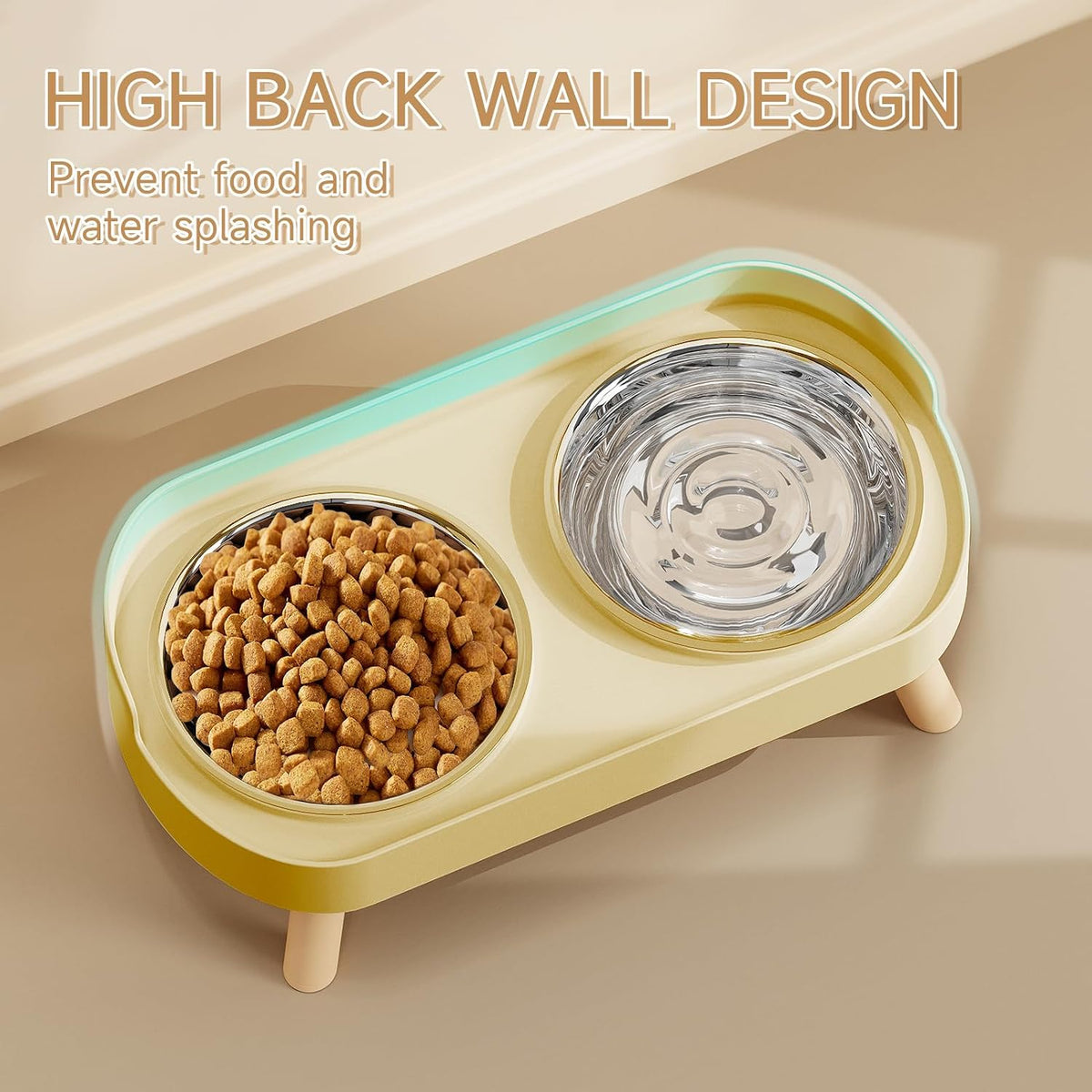 Elevated Cat Bowl, Raised Cat Food and Water Bowl Set for Indoor Cats, Splash Proof with 2 - Cat Bowls-Yellow - image 2