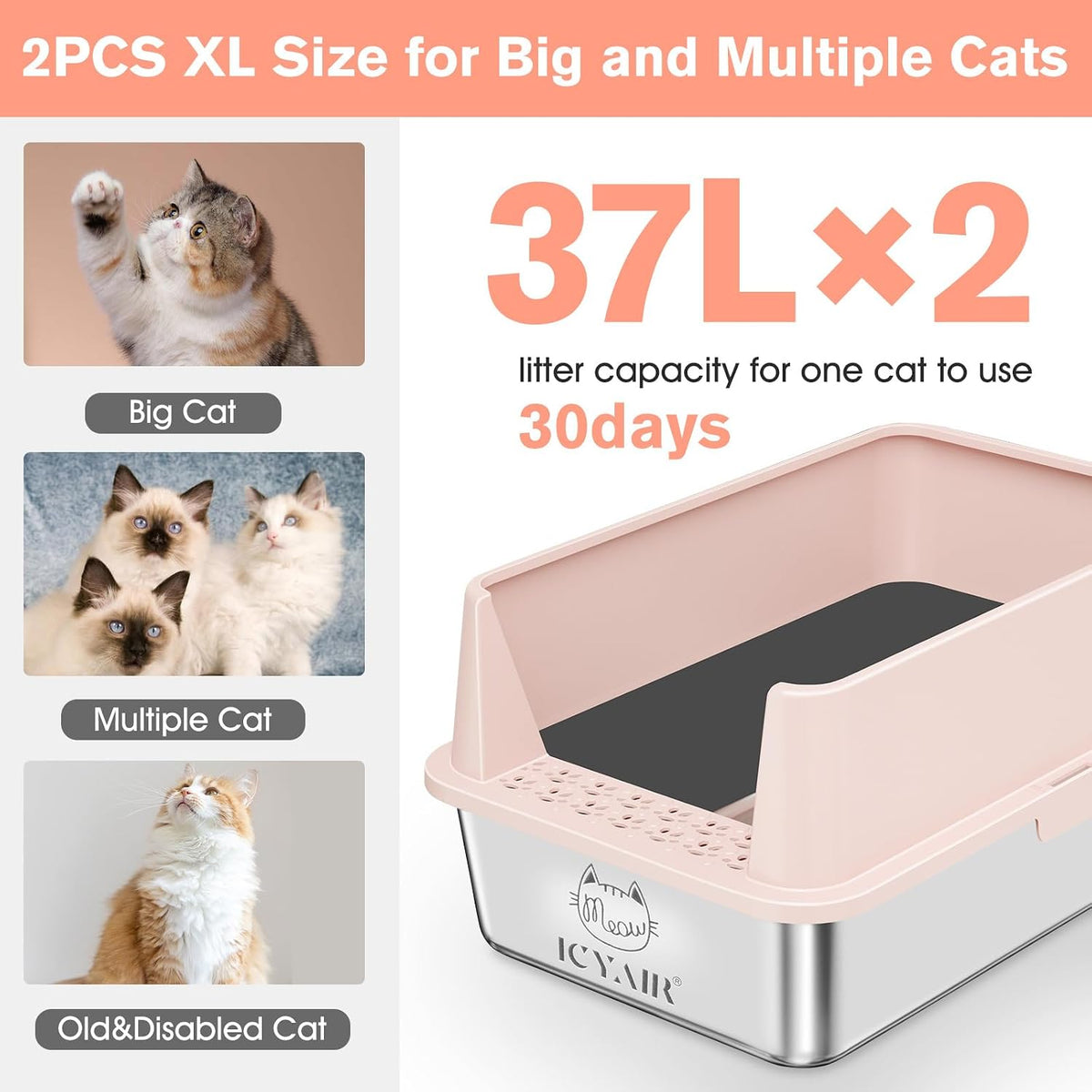 2PACK Stainless Steel Cat Litter Box with High Sides Lid - 2PK-Light Pink - image 2