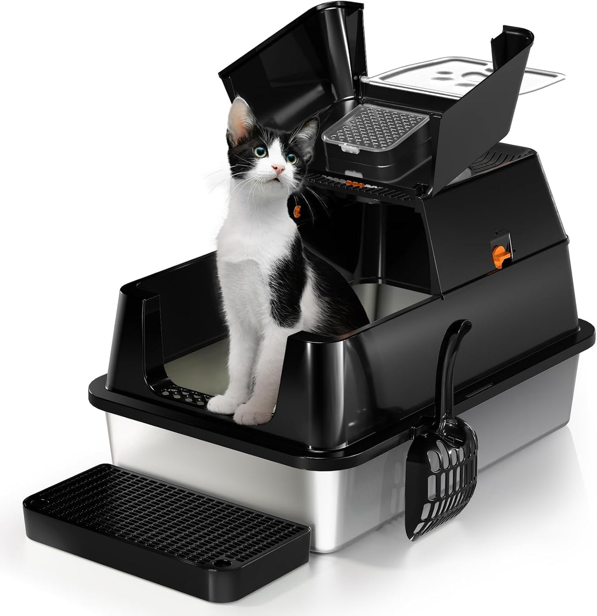 Stainless Steel Cat Litter Box with Lid, Flip-Top XL Large - Black