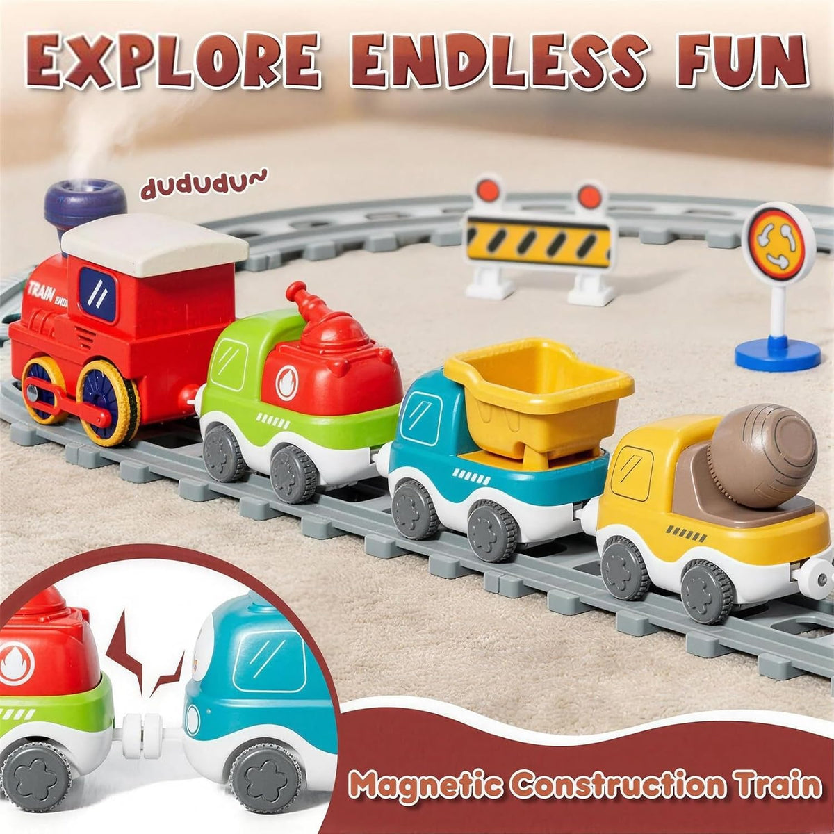Dimoarch electric train set for toddlers with fire truck, concrete truck and dump truck - view 4