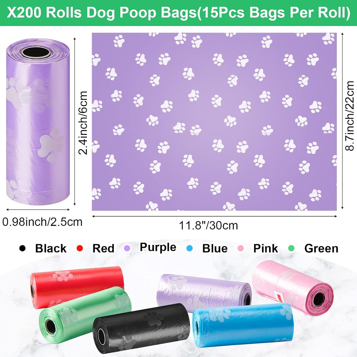3000 Counts 200 Rolls Poop Bags for Dogs Plastic - Paw Print Style - image 3