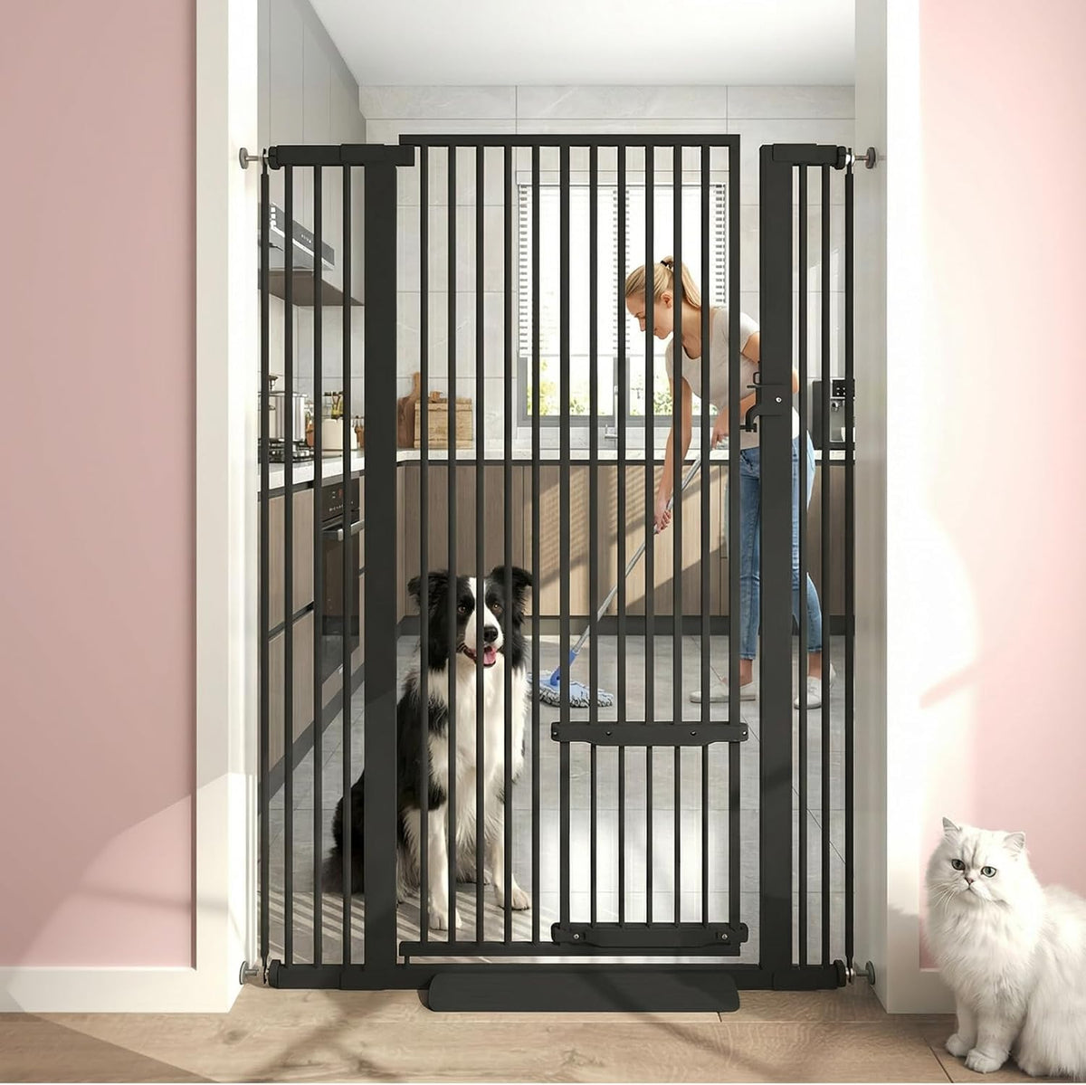 71" Extra Tall Cat Gate 29.5-40.6 Wide Pet gate with Small Cat Door - Black / 55.11 inches SET A