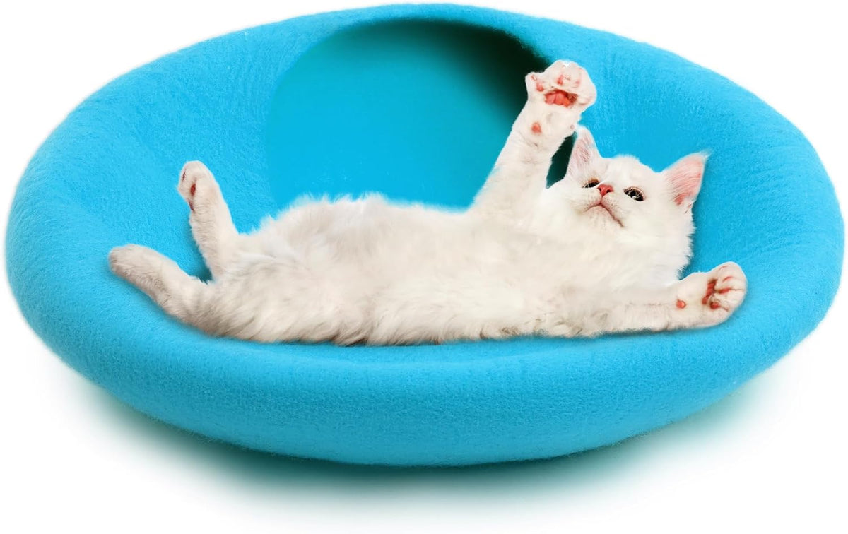 Woolygon Felt Cat Cave Bed, Merino Wool, Handcrafted – Essentials for Cats - Blue Plain - image 3