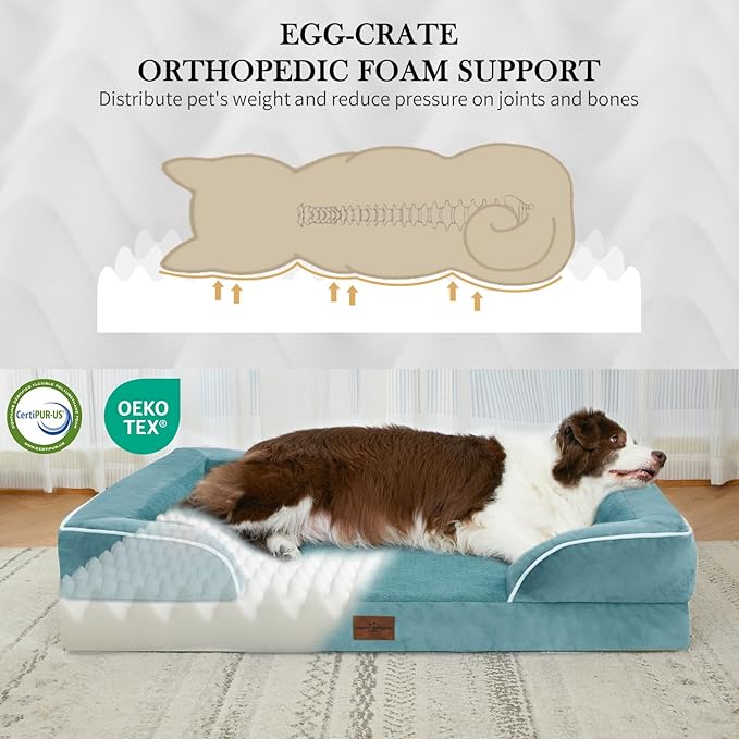 Comfort Expression Orthopedic Foam XL Dog Beds Waterproof, Extra Large Dog Bed with Bolster, Washable Pet Sofa Couch with Removable Cover & Non-Slip Bottom(X-Large,Washed Blue)