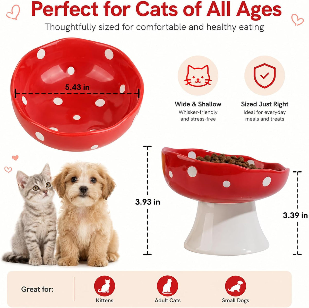 Red Mushroom Cat Bowl, Elevated Ceramic Bowl for Cats – Essentials for Cats - Red - image 3